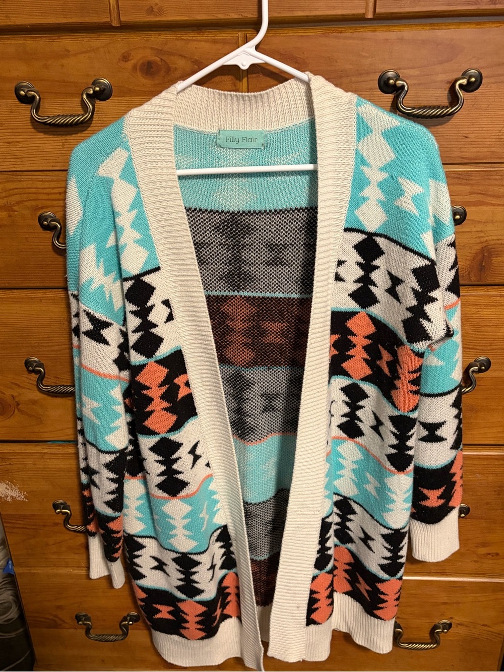 Filly Flair Turquoise Cream Black Coral Aztec Open Cardigan